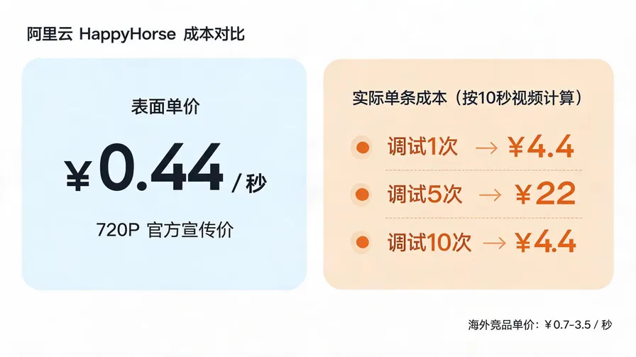 成本计算信息图，展示"表面单价"与"实际单条成本"对比，列出调试次数与总费用关系，风格简洁清晰