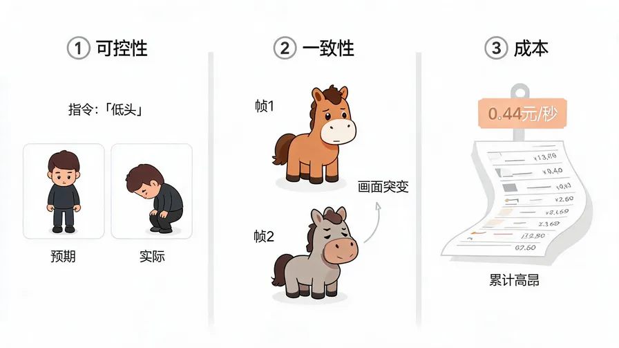三个致命问题信息图，展示可控性、一致性、成本问题的典型翻车场景示意，风格简洁