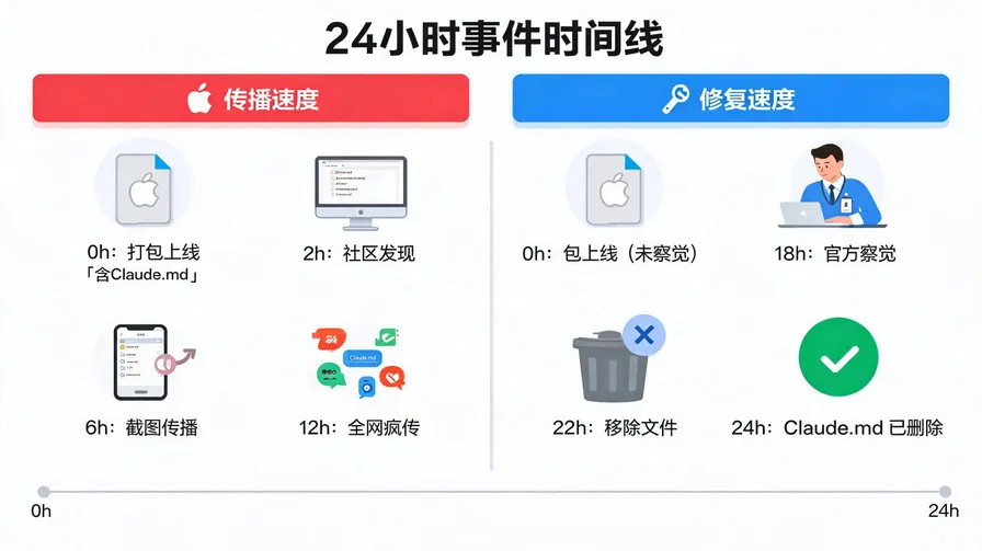 配置文件泄露与快速修复流程图，展示从打包→社区发现→截图传播→官方删除的24小时时间线，对比"传播速度"与"修复速度"的数据对比