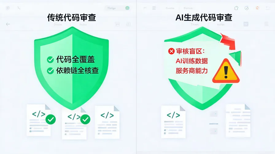当前开发流程中AI产出缺乏专项审核的盲区示意图，对比传统代码审查覆盖范围与AI代码审查缺失区域
